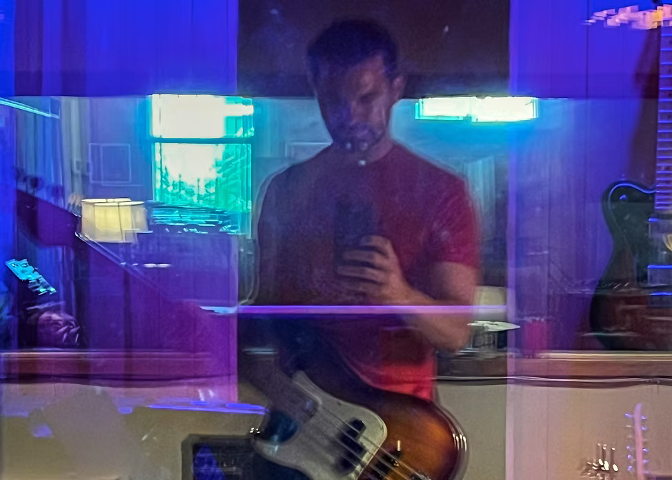 Studio selfie with bass at Earwig Studio